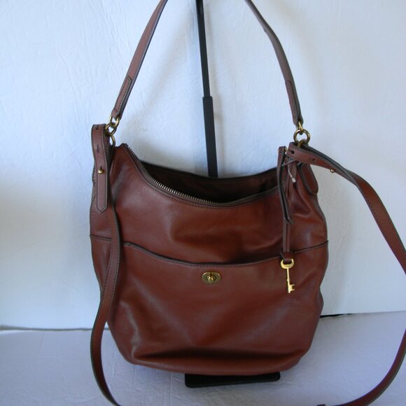 Fossil Tallula Hobo Shoulder Bag Crossbody Brown Leather Turnlock Bucket Purse - Picture 1 of 9